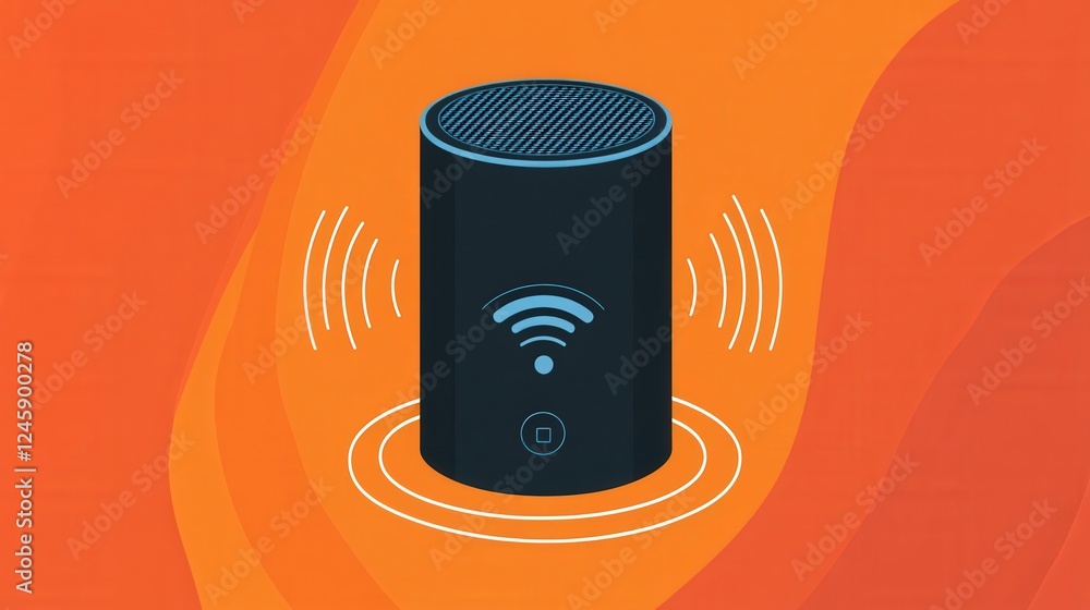 Smart Speaker Wireless Technology: A sleek, dark-grey smart speaker with a subtle light blue wifi symbol, sits on an orange background emitting sound waves. Smart Speaker Wireless Technology: A sleek, dark-grey smart speaker with a subtle light blue wifi symbol, sits on an orange background emitting sound waves.