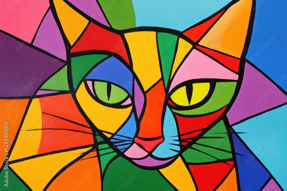 Fototapeta premium Colorful Cubist Cat Portrait, Abstract Art, Studio Shot
