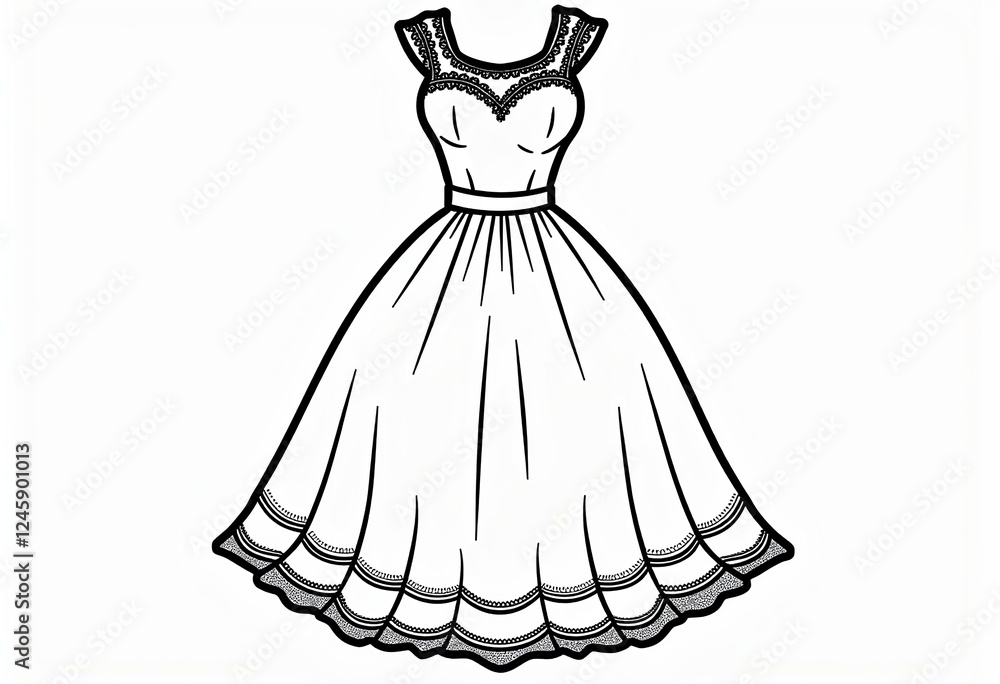 Fototapeta premium Adult Coloring Page: Simple Clip Art of an All-White Wedding Dress on a White Background, Featuring Bottom Borders and Delicate Neck Decorations in High-Definition Black and White.