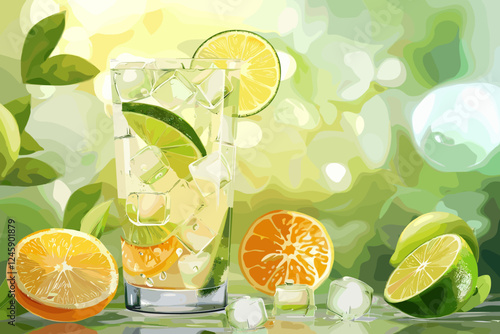 Refreshing Summer Beverage with Ice Cubes and Citrus Slices in a Natural Outdoor Setting