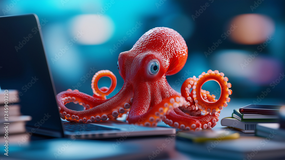 Fototapeta premium octopus sitting desk with laptop, surrounded by books, creates whimsical and imaginative scene. vibrant red color of octopus contrasts beautifully with cool blue background, evoking sense of
