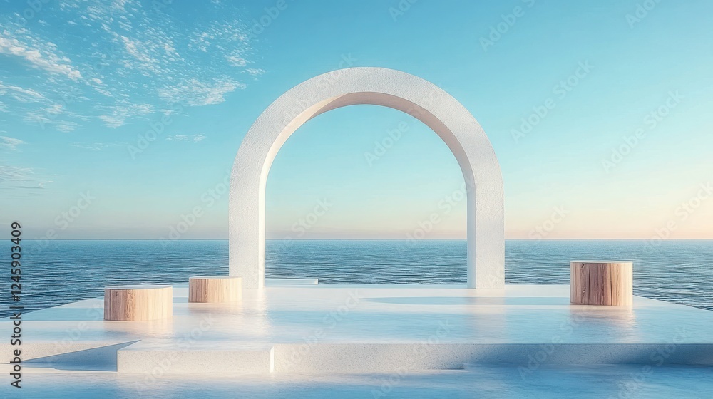 Modern Coastal Product Display Podium with Ocean View and Minimalist Design Modern Coastal Product Display Podium with Ocean View and Minimalist Design