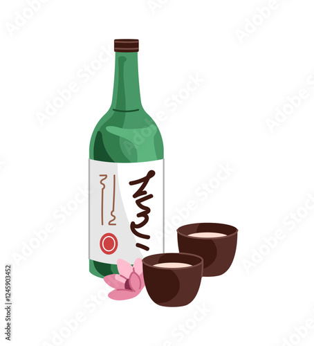 Green glass bottle and cups of sake. Japanese alcoholic drink, soju. Asian vodka, rice wine. Traditional beverage in Japan, Asia culture. Flat isolated vector illustration on white background