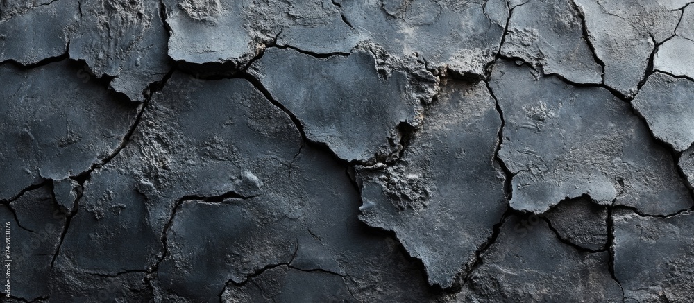 Fototapeta premium Weathered black cement concrete wall texture featuring prominent cracks for a mysterious and dramatic background effect.