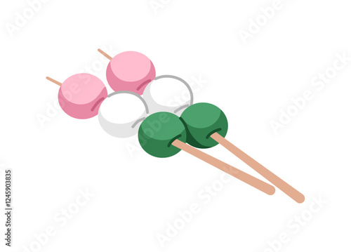 Icon of Hanami Dango. Traditional Japanese dessert, oriental snacks, street food on skewers. Sweet balls are on wooden sticks. Asian cuisine. Flat isolated vector illustration on white background