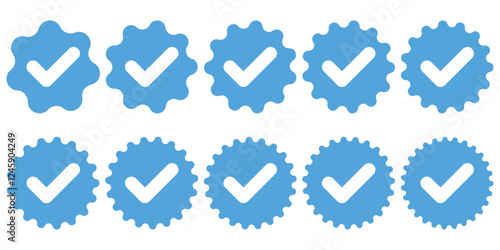 Set of verified badge. Blue check mark icon. Set of right symbol in zig zag style. Instagram verified badge. Social media account verification icons.  vector illustration