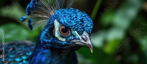 Vibrant close-up of a blue peacock showcasing intricate feather details against a beautifully blurred green background. photo