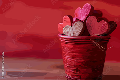 Romantic Valentine's Day still life with wooden hearts in red pot surrounded by petals