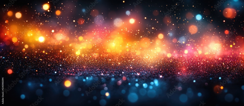 Fototapeta premium Vibrant abstract bokeh lights in various colors on a black background creating a dreamy atmosphere perfect for creative designs.
