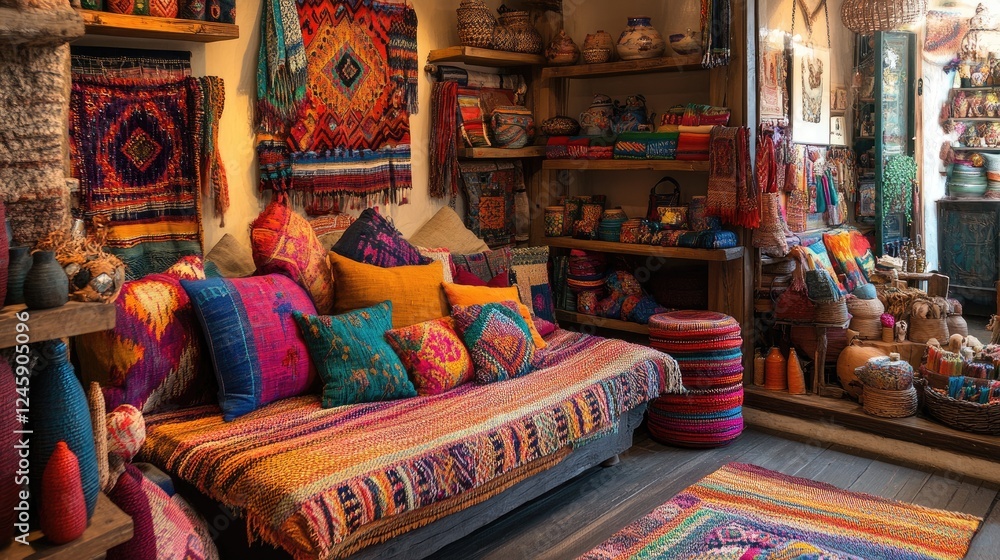 Fototapeta premium A vibrant display of handcrafted textiles and traditional home decor, featuring colorful woven patterns and authentic cultural artistry in a cozy setting