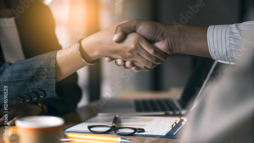 Wallpaper Mural Close up of two business people shaking hands while sitting at the workplace symbolizing agreement partnership and successful collaboration in a professional setting. concept as Close up of two busine Torontodigital.ca