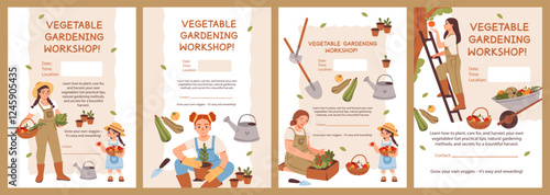Gardening workshop invitation. Banner template for a gardening and sustainability workshop. Vibrant outdoor scene with people harvesting, designed for eco-friendly events, farm promotions