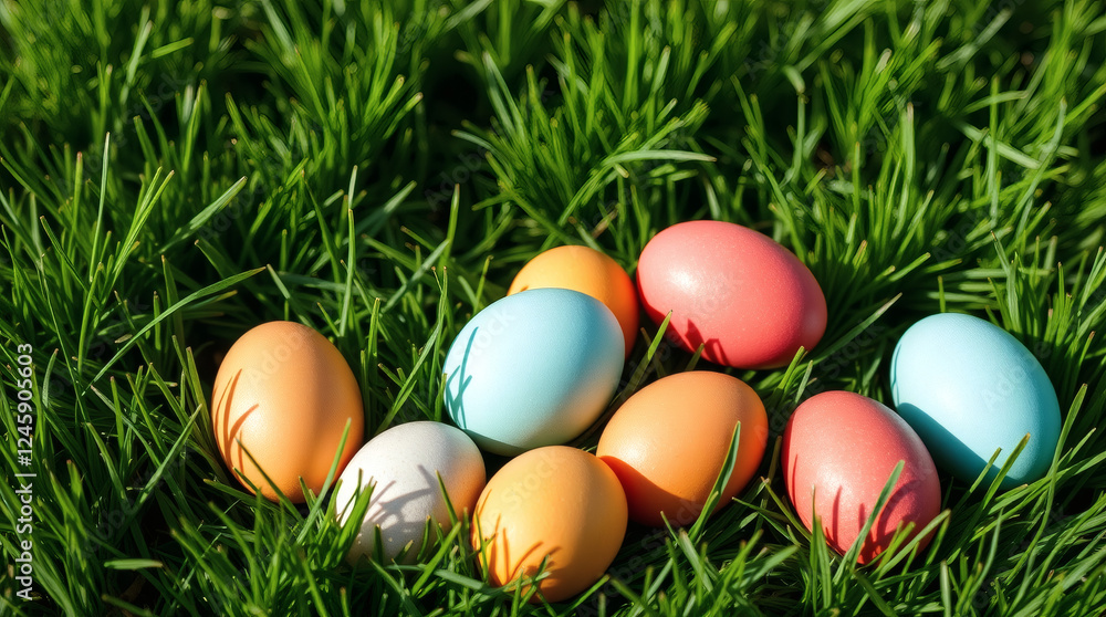 Easter eggs hidden in green grass at Easter Morning| generative AI Easter eggs hidden in green grass at Easter Morning| generative AI