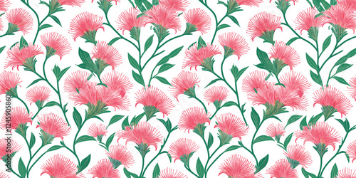 a repeating floral pattern of Pohutukawa flowers and foliage against a white background.