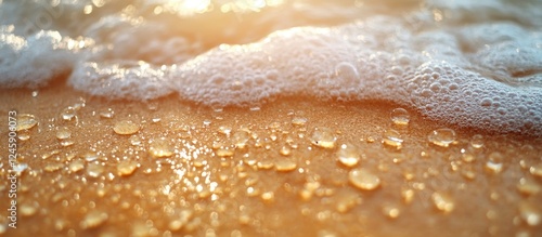 Close-up of sandy surface with water droplets as rain washes away soil creating a serene natural background effect photo