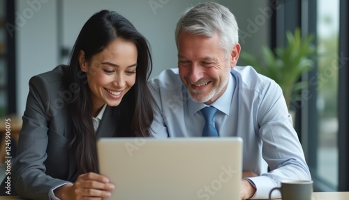 Wallpaper Mural A middle-aged man and a young woman share a moment of joy as they collaborate over a laptop in a bright, contemporary office space. Their smiles radiate positivity, showcasing a strong professional Torontodigital.ca