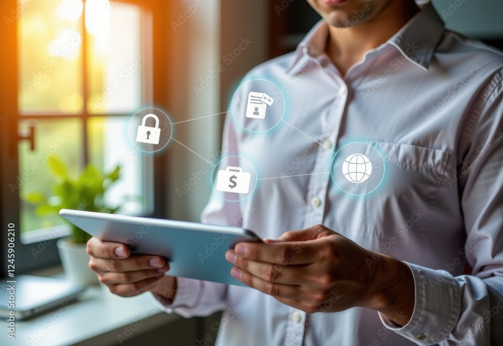 The image depicts a person holding a tablet in a modern office setting The tablet screen displays a futuristic interface with a central glowing padlock icon surrounded by various digital symbols The image depicts a person holding a tablet in a modern office setting The tablet screen displays a futuristic interface with a central glowing padlock icon surrounded by various digital symbols