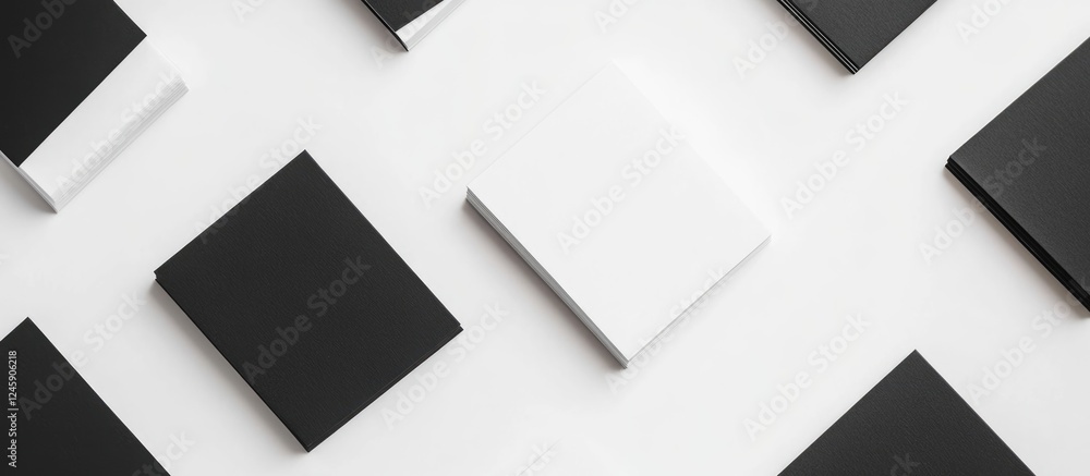 Modern black and white notepads creatively arranged on a sleek white background with ample space for customizable text or graphics. Modern black and white notepads creatively arranged on a sleek white background with ample space for customizable text or graphics.