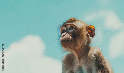 Thoughtful Monkey in a Serene Natural Setting, Sky Background