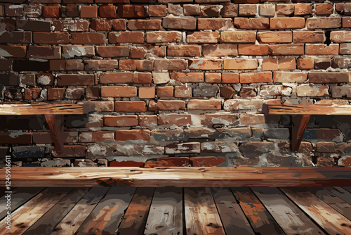 Rustic wooden floor and shelves against a vintage brick wall texture for interior background