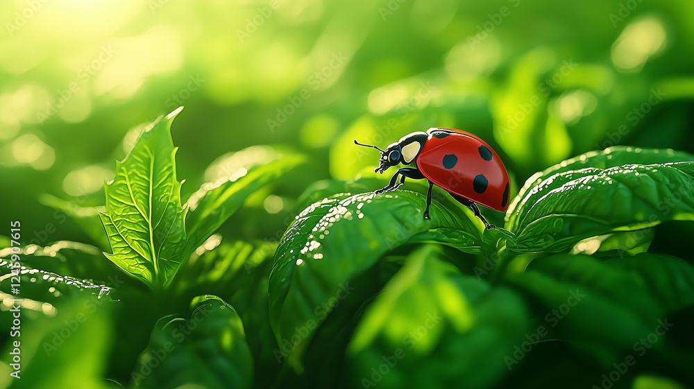 Fototapeta premium ladybug resting on vibrant green basil leaves, surrounded by lush garden. sunlight creates warm atmosphere, highlighting beauty of nature and intricate details of insect