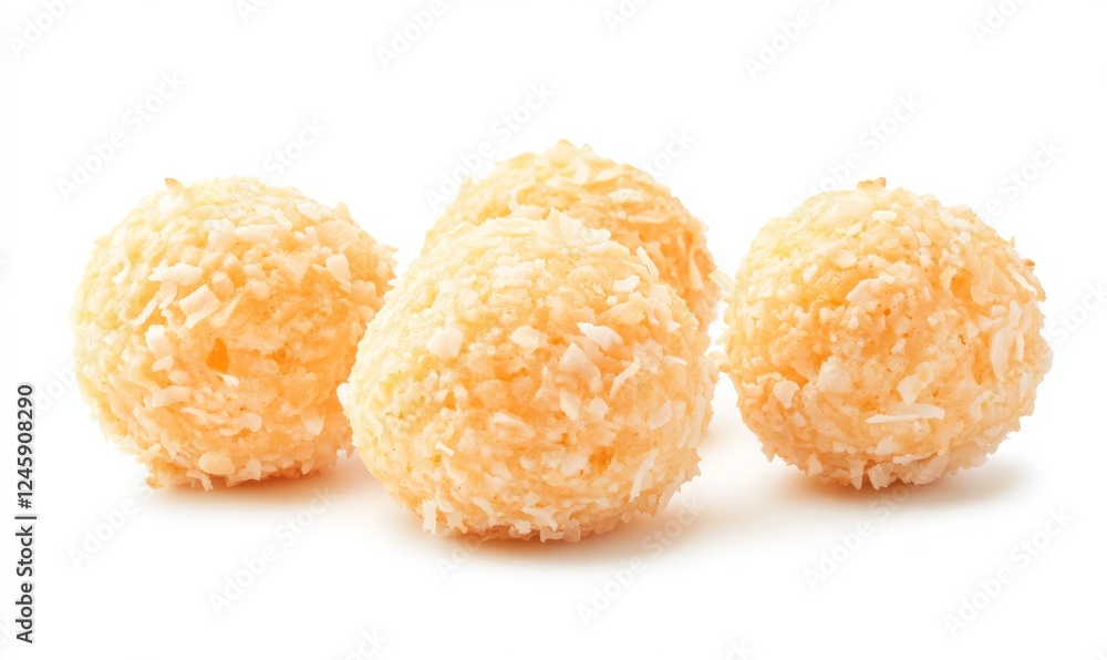 Delicious Coconut-Coated Sweet Treats Arranged Aesthetically on a Clean White Background for Culinary Inspiration and Dessert Photography. Delicious Coconut-Coated Sweet Treats Arranged Aesthetically on a Clean White Background for Culinary Inspiration and Dessert Photography.