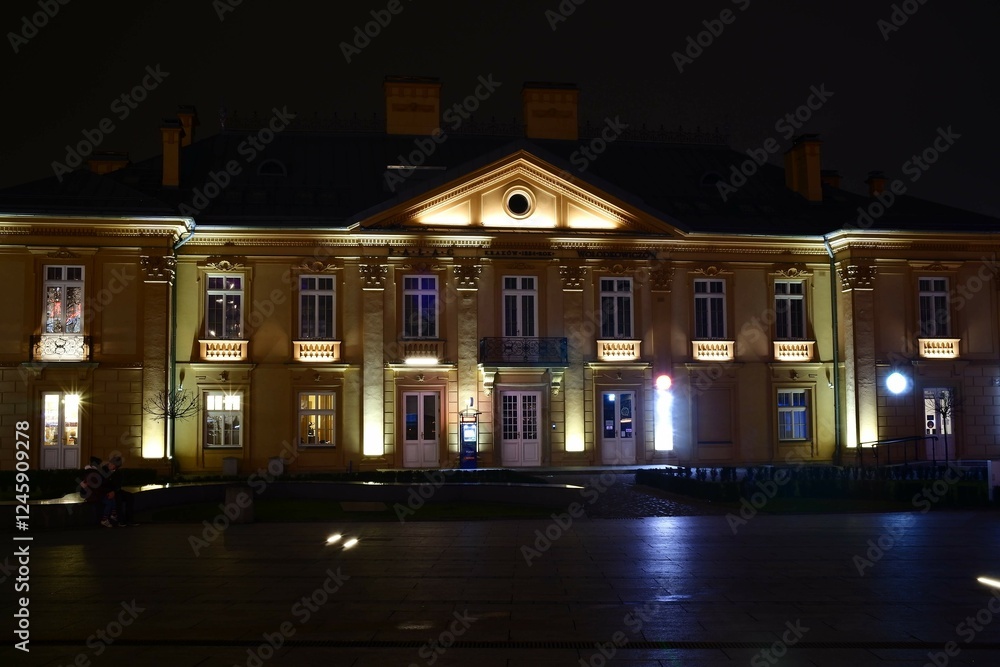 Fototapeta premium A large and impressive building stands beautifully lit up at night