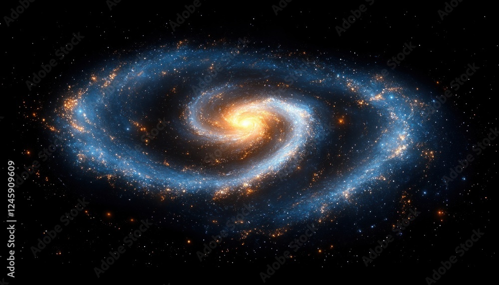 Fototapeta premium Spiral Galaxy in Vibrant Blue and Gold with Stars and Light in the Cosmic Universe