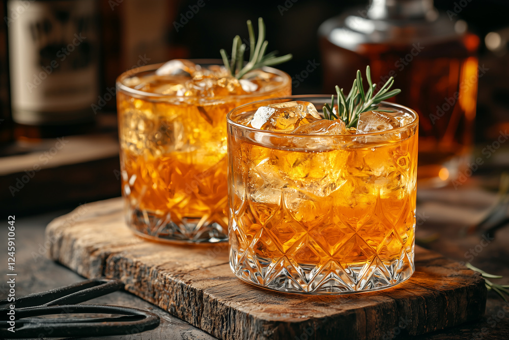 two crystal glasses on a wooden board. scotch with ice and a sprig of rosemary two crystal glasses on a wooden board. scotch with ice and a sprig of rosemary