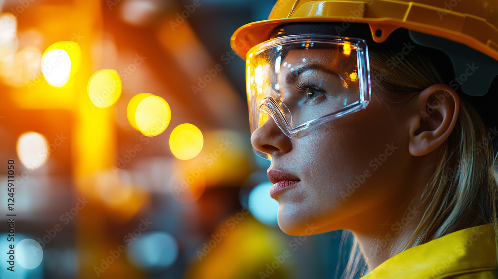 woman in safety helmet and goggles, focused in industrial setting, exudes determination and professionalism. warm lights create dynamic atmosphere woman in safety helmet and goggles, focused in industrial setting, exudes determination and professionalism. warm lights create dynamic atmosphere