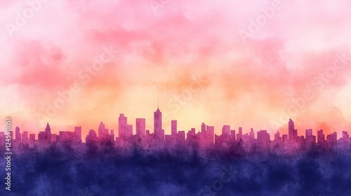 A colorful watercolor skyline at sunset capturing vibrant city life and architecture.