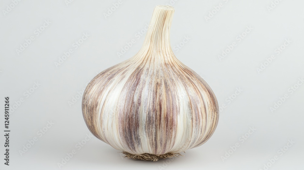 Obraz premium A whole garlic bulb isolated against a bright white background, showcasing its earthy texture and vibrant, fresh appearance for culinary or health-related imagery.