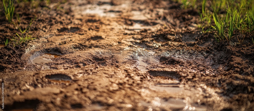 Boot and bicycle tire tracks in muddy terrain surrounded by grass showing outdoor adventure and nature exploration Boot and bicycle tire tracks in muddy terrain surrounded by grass showing outdoor adventure and nature exploration