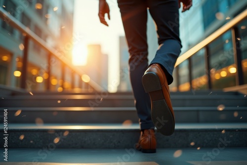 Man is walking up stairs in city at sunset photo