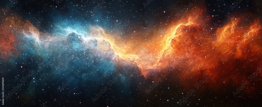 Fototapeta premium Cosmic Nebula Scene with Vibrant Colors and Starry Background Illuminated by Starlight Swirling Gas and Dust