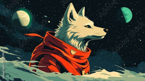 A cartoon wolf in a Slytherin scarf, traveling through space with a cosmic backdrop and minimalist astronaut theme  photo