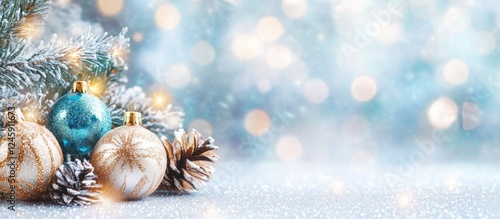 Winter holiday background with sparkling blue and gold ornaments among pine branches and defocused glittering lights photo