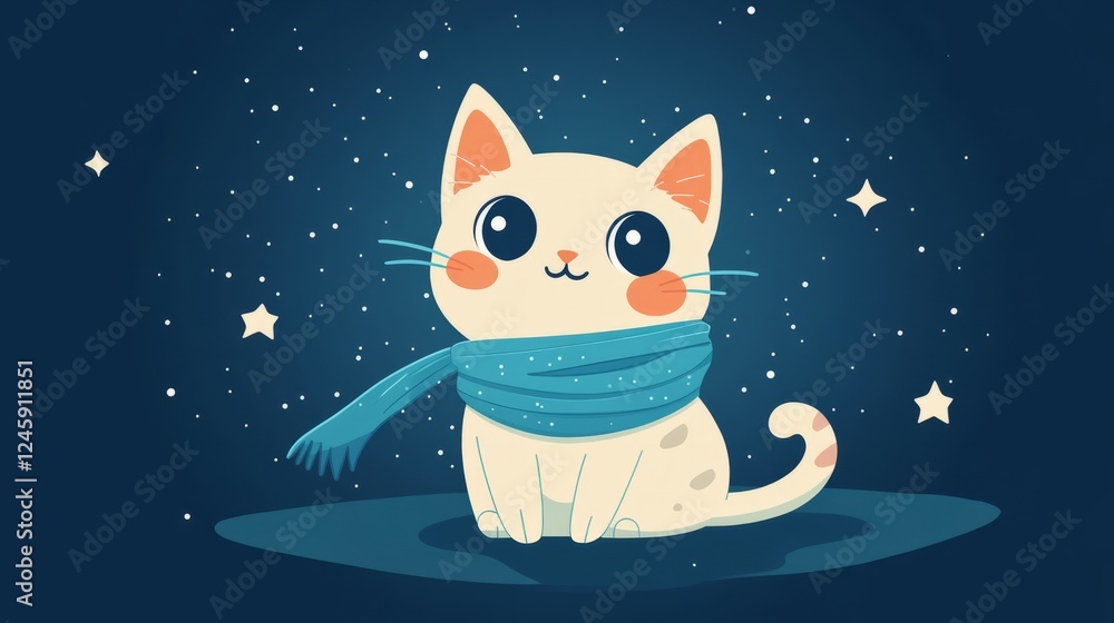 Fototapeta premium A curious cartoon kitten in a scarf, floating in space with a minimalist astronaut theme and bright stars