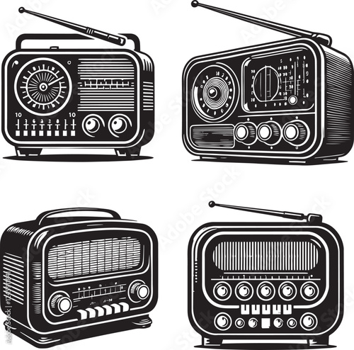 Black and White Silhouette Radio, Old-Fashioned Tabletop Radio, retro radio