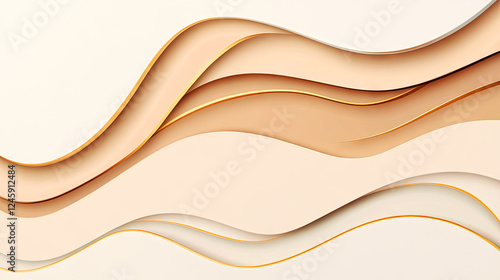 Abstract background with smooth, flowing beige and cream waves accented by gold edges photo