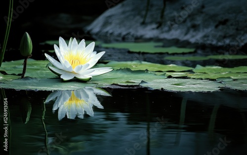 White lotus flower floating in pond with fractal reflections and surrounding green foliage photo