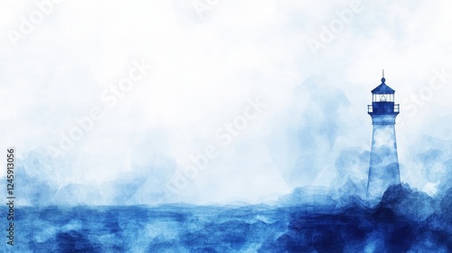 A serene lighthouse amidst a misty blue ocean landscape in watercolor style.