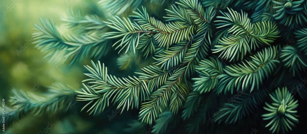 Lush green pine branches with intricate needle patterns set against a soft blurred background for a tranquil nature scene. Lush green pine branches with intricate needle patterns set against a soft blurred background for a tranquil nature scene.