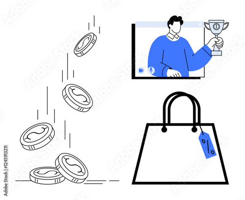 Coins falling, person holding trophy in video call, shopping bag with discount label. Ideal for e-commerce, discounts, online competitions, rewards, digital transactions, remote achievements