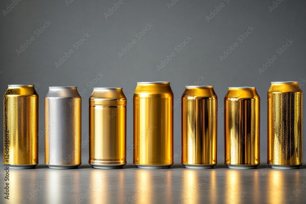 Gold & silver cans studio shot, beverage mockup, gray background Gold & silver cans studio shot, beverage mockup, gray background
