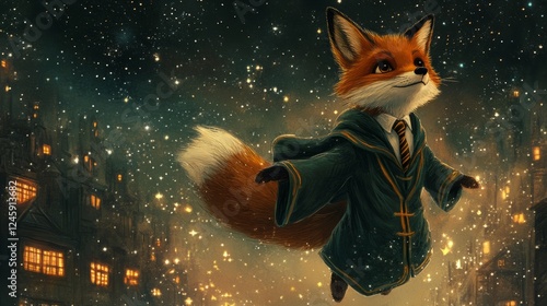 A dreamy cartoon fox wearing a Slytherin robe and tie, drifting through space with a soft minimalistic background of stars photo