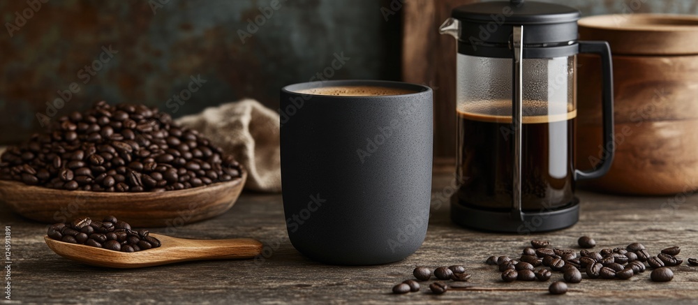 Black coffee in a minimalist cup surrounded by coffee beans and brewing accessories on a rustic wooden surface Black coffee in a minimalist cup surrounded by coffee beans and brewing accessories on a rustic wooden surface