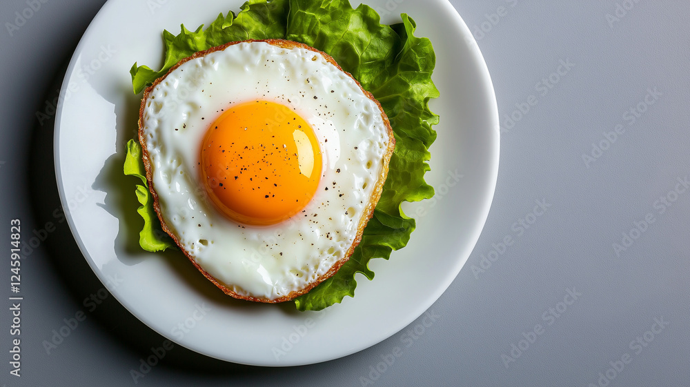 Fried egg on bed of fresh lettuce, served on white plate, showcasing vibrant yolk and sprinkle of pepper. Perfect for healthy breakfast or brunch Fried egg on bed of fresh lettuce, served on white plate, showcasing vibrant yolk and sprinkle of pepper. Perfect for healthy breakfast or brunch