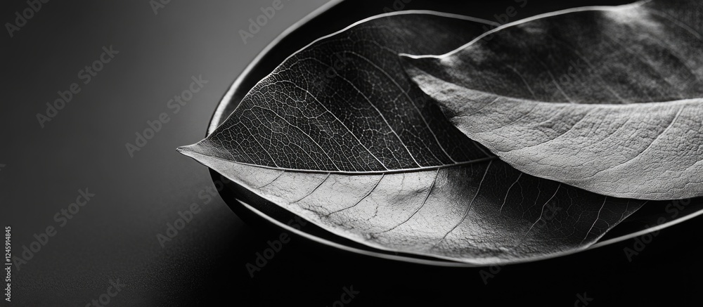 Black and white close-up of textured leaves showcasing intricate veins and natural patterns on a sleek dark background Black and white close-up of textured leaves showcasing intricate veins and natural patterns on a sleek dark background