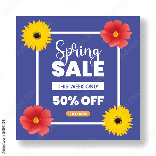 Editable social media post, banner, ads template for Spring Sale, spring floral invitation greetings card poster, spring flower background, Womens day square flyer or poster illustration background 